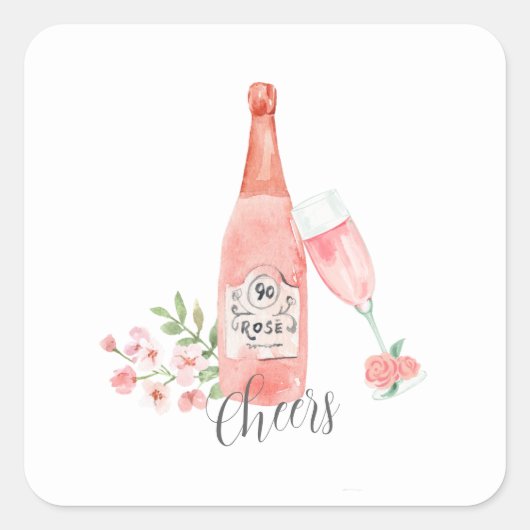 Sticker Carré Aquarelle fleurs et conception de vin rosé. (Devant)