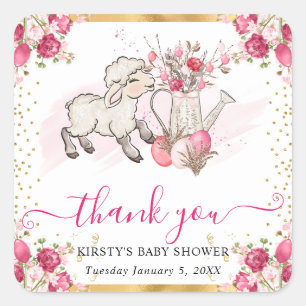 Sticker Carré Aquarelle Fleurs Roses Baby Shower Agneau de Print