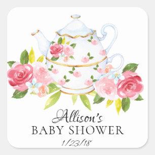 Sticker Carré Aquarelle Floral BABY Tea Party Enveloppe Sceau