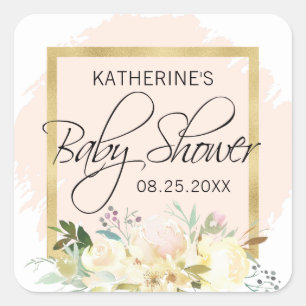 Sticker Carré Aquarelle Floral Blush Baby shower or rose