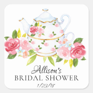 Sticker Carré Aquarelle Floral BRIDAL Tea Party Enveloppe Sceau
