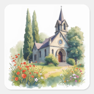 Sticker Carré Aquarelle Floral Église catholique