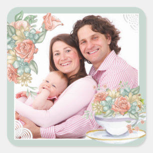 Sticker Carré Aquarelle Floral et Teacup Photo personnalisée