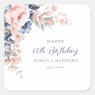 Sticker Carré Aquarelle Floral Moderne Script 60e Anniversaire