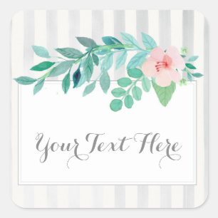 Sticker Carré Aquarelle Floral sur rayures modernes Corail & Aqu