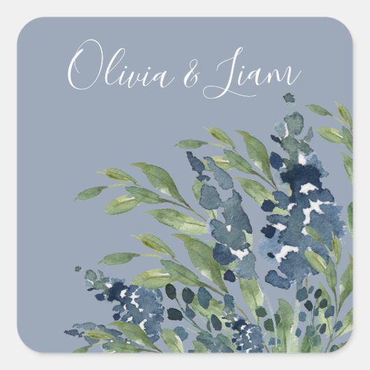 Sticker Carré Aquarelle Florale bleu foncé Mariage de script mod (Devant)