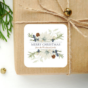Sticker Carré Aquarelle florale hivernale bleu poussiéreux blanc