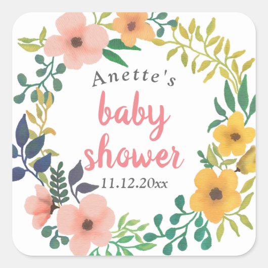 Sticker Carré Aquarelle Florale rose | BABY SHOWER (Devant)