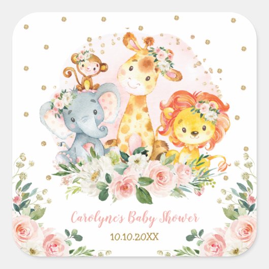 Sticker Carré Aquarelle Florale rose vif Jungle Animaux (Devant)