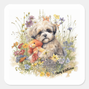 Sticker Carré Aquarelle florale Shih Tzu embrassant un ours en p