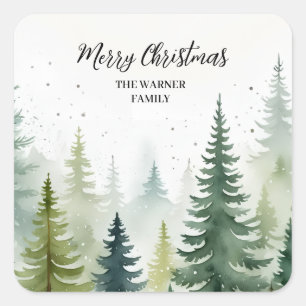 Sticker Carré Aquarelle Forêt de Noël Arbres neige hiver
