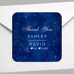 Sticker Carré Aquarelle Galaxy Étoiles cosmiques Mariage Merci<br><div class="desc">Sticker Carré Mariage de minuit Celestial Moon Stars Ce design présente des lumières scintillantes dans l'espace contre un ciel étoilé nébuleux d'un univers bleu marine céleste. Personnalisez ce design personnalisé avec votre propre texte et les détails de l'événement.</div>