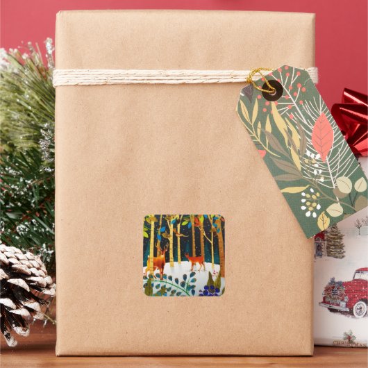 Sticker Carré Aquarelle Gold Cosy Winter Deer Forest (vacances)
