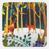 Sticker Carré Aquarelle Gold Cosy Winter Deer Forest (Devant)