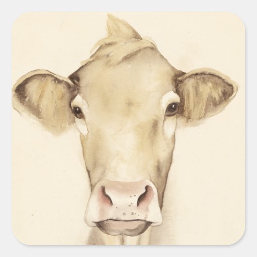 Sticker Carré Aquarelle Grange Animaux | Vache (Devant)