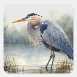 Sticker Carré Aquarelle Great Blue Heron Water Bird Faune