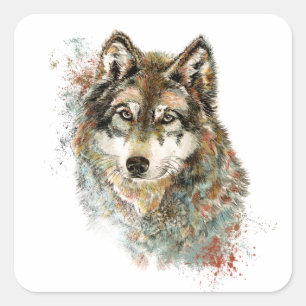 Sticker Carré Aquarelle Gris Loup Faune Animal Nature Art