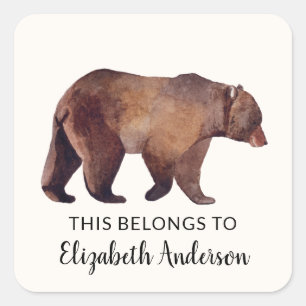 Sticker Carré Aquarelle Grizzly Ours personnalisé