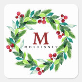 Sticker Carré Aquarelle Hallie et Berries Wreath Monogramme (Devant)