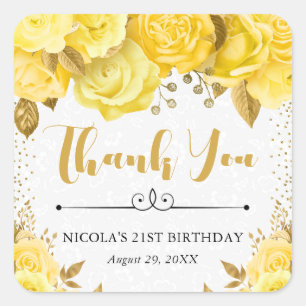 Sticker Carré Aquarelle Jaune Glam Roses Anniversaire