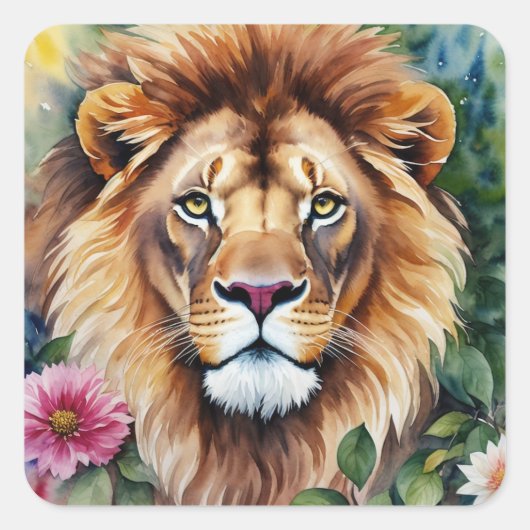 Sticker Carré Aquarelle Lion Floral Art (Devant)