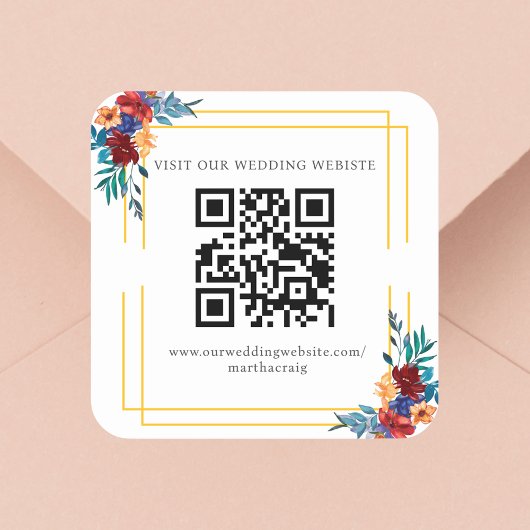 Sticker Carré Aquarelle mexicaine Fiesta Flower Mariage QR Code
