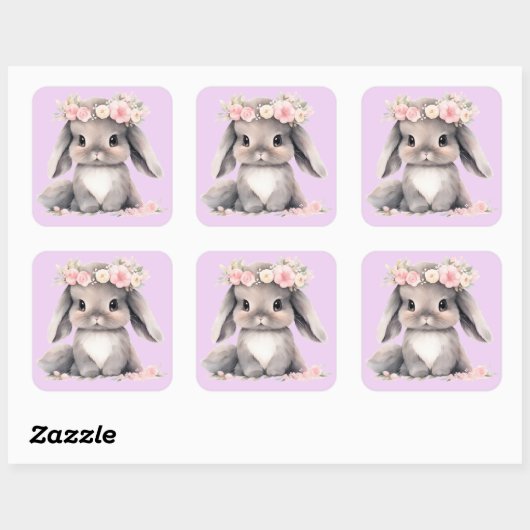 Sticker Carré Aquarelle mignonne Bébé Lapin de Pâques Filles gra (Feuille)