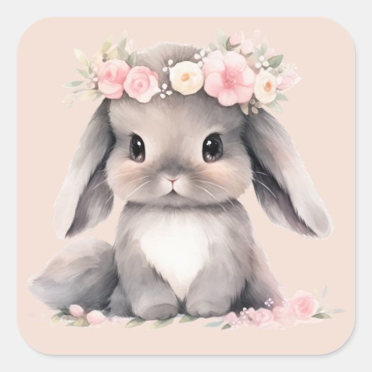 Sticker Carré Aquarelle mignonne Bébé Lapin de Pâques Filles gra (Devant)