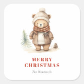Sticker Carré Aquarelle mignonne Ours Joyeux Noël (Devant)
