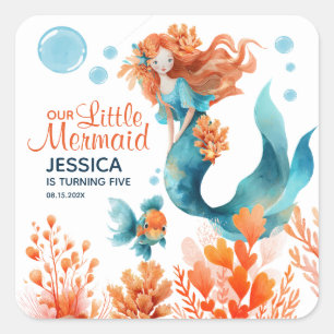 Sticker Carré Aquarelle mignonne Sirène Ocean Girl Anniversaire 