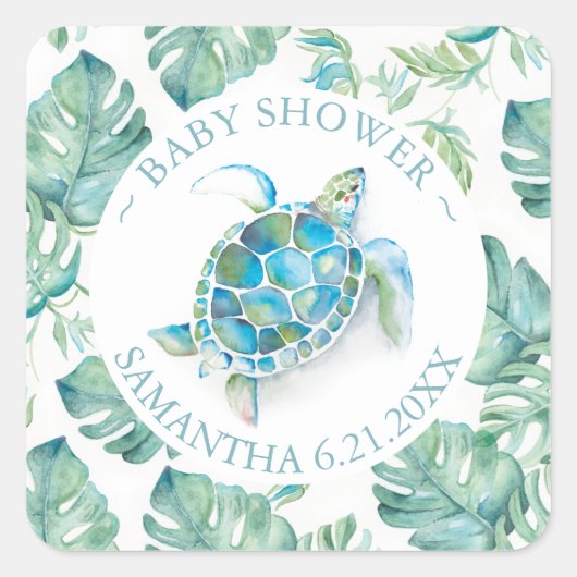 Sticker Carré Aquarelle mignonne Tortue de mer & verdure Favoris (Devant)