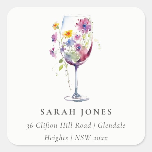 Sticker Carré Aquarelle minimale Vin Floral Adresse (Devant)