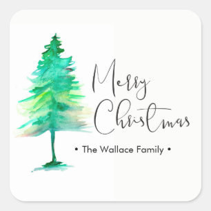 Sticker Carré Aquarelle minimaliste Pine Tree Joyeux Noël