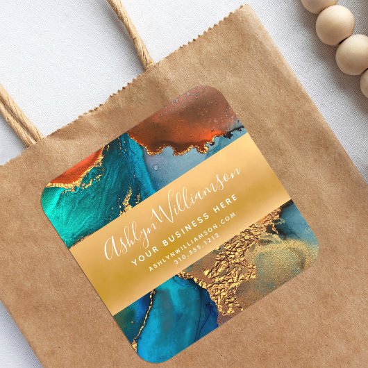 Sticker Carré Aquarelle moderne agate doré turquoise orange