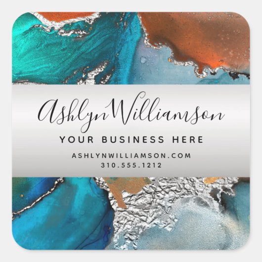 Sticker Carré Aquarelle moderne agate turquoise orange (Devant)