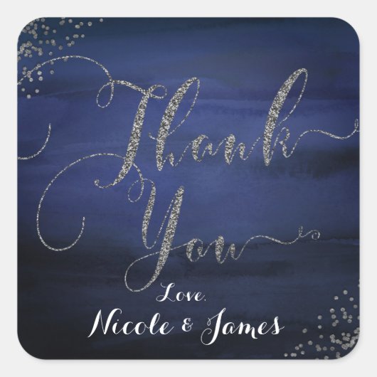 Sticker Carré Aquarelle moderne Bleu Argent Confetti Merci (Devant)