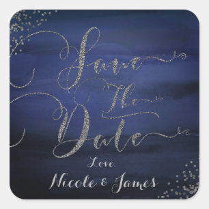 Sticker Carré Aquarelle Moderne Bleu Confettis Argentés Date de 
