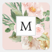 Sticker Carré Aquarelle moderne Fleurs roses Monogrammes (Devant)