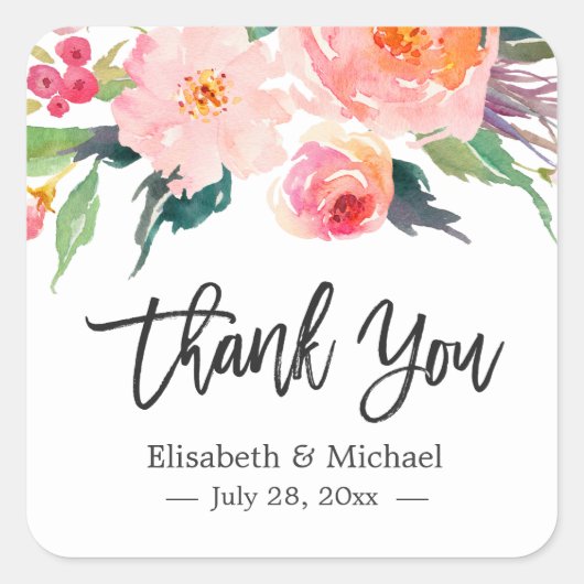 Sticker Carré Aquarelle moderne Floral Merci Mariage Faveur (Devant)