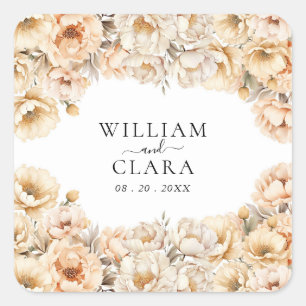 Sticker Carré Aquarelle Moderne Peony Pastel Floral Mariage