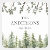 Sticker Carré Aquarelle Monogramme Pins rustiques et branches (Devant)