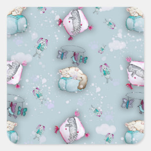 Sticker Carré Aquarelle motif chatons couchage mignons et leurs