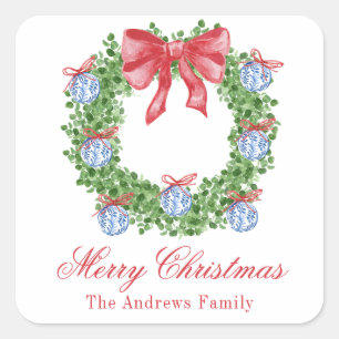 Sticker Carré Aquarelle Noël Chinoiserie Ornement Wreath