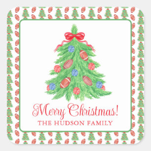 Sticker Carré Aquarelle Noël Football Arbre cadeau