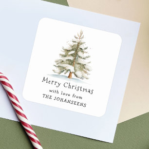 Sticker Carré Aquarelle Noël sapin enneigé Joyeux Noël