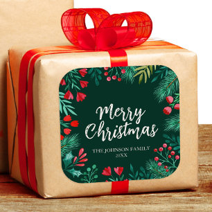 Sticker Carré Aquarelle Noël Wreath hiver avec Holly