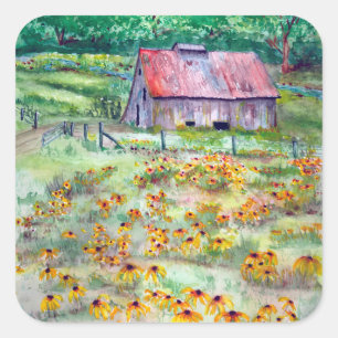 Sticker Carré Aquarelle Noir-Eyed de grange de fleur sauvage de