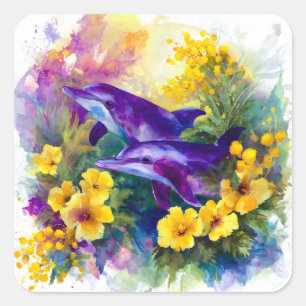 Sticker Carré Aquarelle Océan Dauphins Fleurs Tropicales