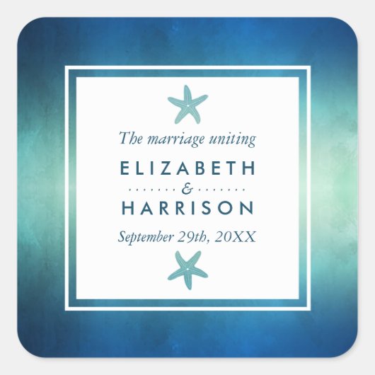 Sticker Carré Aquarelle Océan Starfish Plage Mariage Faveur (Devant)