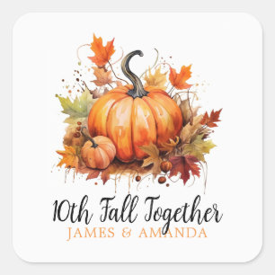Sticker Carré Aquarelle orange et blanc Citrouille Couple Fall